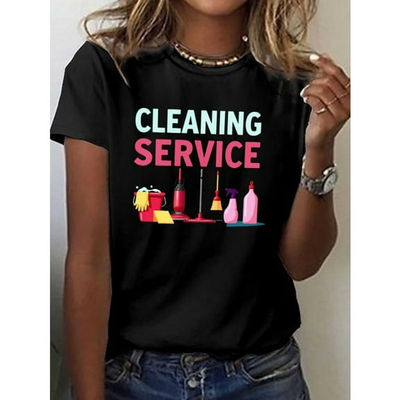 Funny Graphic Tee,Tops Has"Cleaning Service"Text And Colorful Cartoon Print with Mop,Round Neck Regular Fit T-shirts, Size(S-5XL)