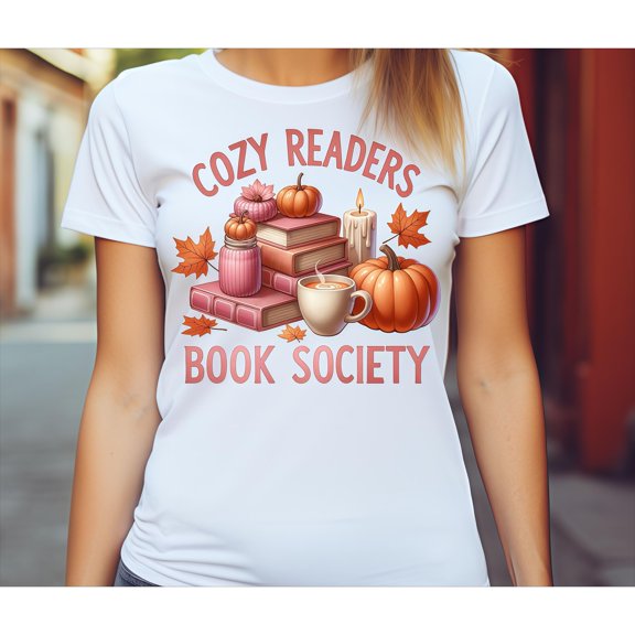 Funny Graphic Tee,Tops Has"Cozy Readers Book Society"Letter Pattern with Autumn Elements,Round Neck Regular Fit T-shirts, Size(S-5XL)