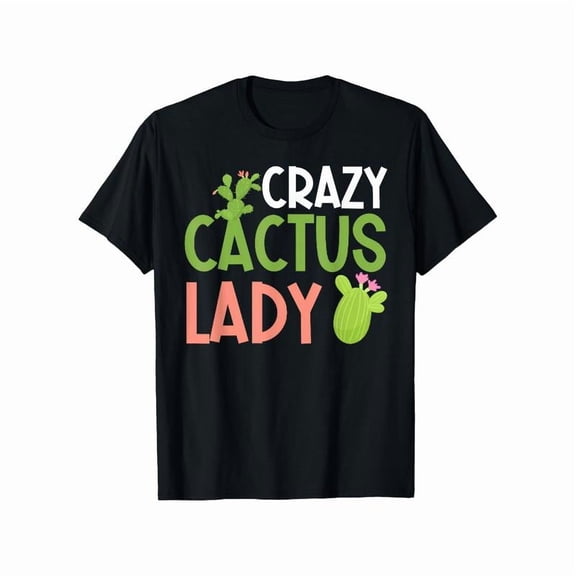 Funny Graphic Tee,Tops Has"Crazy Cactus Lady"Text With Cactus Design,Round Neck Regular Fit T-shirts, Size(S-5XL)