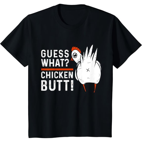 Funny Graphic Tee,Tops Has"Guess What? Chicken Butt" Text With Chicken Pattern,Round Neck Regular Fit T-shirts, Size(S-5XL)
