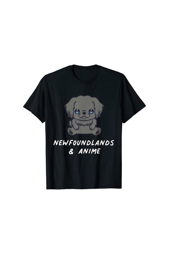 Funny Graphic Tee,Tops Has"Newfoundlands&Anime"Text With A Cute Grey Puppy Pattern,Round Neck Regular Fit T-shirts, Size(S-5XL)
