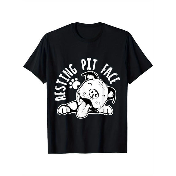 Funny Graphic Tee,Tops Has"Resting Pit Face"Text With Cute Pitbull Dog Pattern,Round Neck Regular Fit T-shirts, Size(S-5XL)