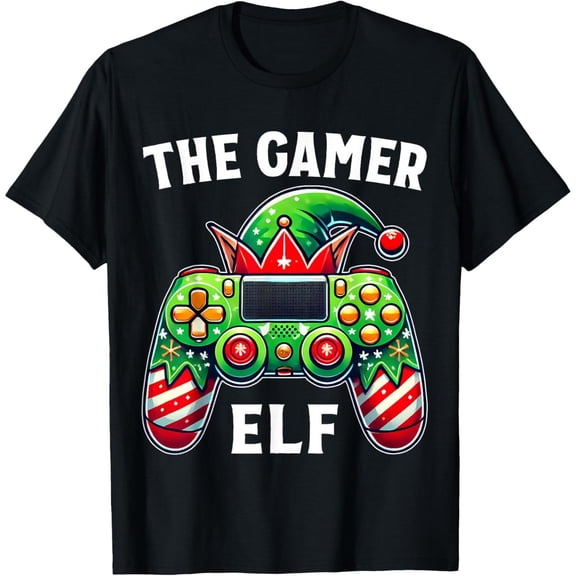 Funny Graphic Tee,Tops Has"The Gamer Elf"Text With Christmas-Themed Game Consoles Pattern,Round Neck Regular Fit T-shirts, Size(S-5XL)