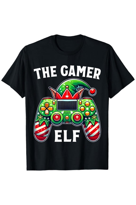 Funny Graphic Tee,Tops Has"The Gamer Elf"Text With Christmas-Themed Game Consoles Pattern,Round Neck Regular Fit T-shirts, Size(S-5XL)