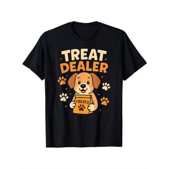 Funny Graphic Tee,Tops Has"Treat Dealer"Text With Cute Puppy Pattern,Round Neck Regular Fit T-shirts, Size(S-5XL)