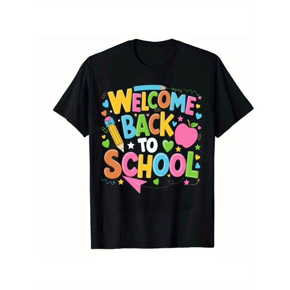Funny Graphic Tee,Tops Has"Welcome Back to School"Text With Vibrant And Beautiful Letters Pattern,Round Neck Regular Fit T-shirts, Size(S-5XL)