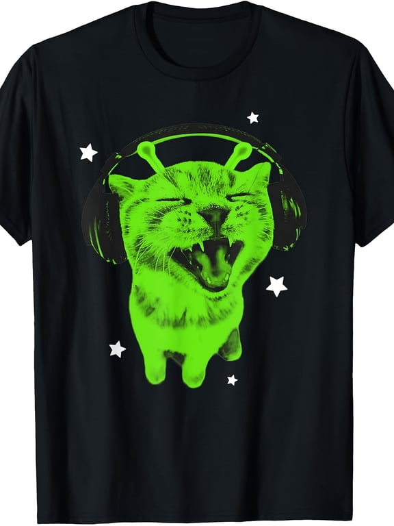 Funny Green Alien DJ Cat Graphic Vintage Grunge Y2k Cotton Men's Women's T-Shirt