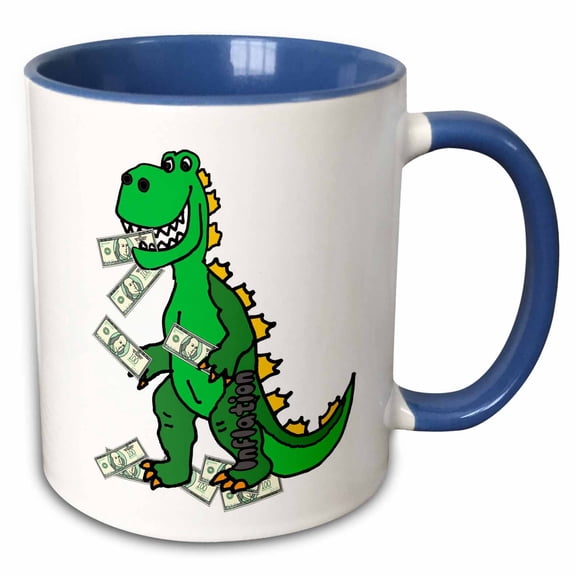 3drose, Funny Green Godzilla Monster Eating Money Inflation Cartoon, 15oz Two-tone Blue Mug