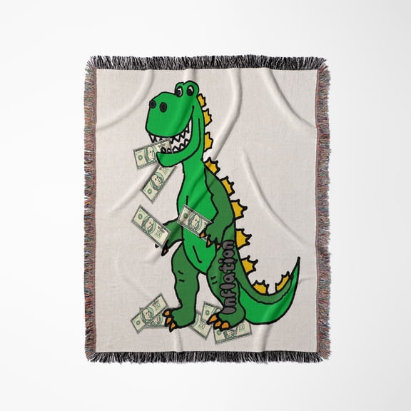 Funny Green Godzilla Monster Eating Money Inflation Cartoon, Woven Blanket