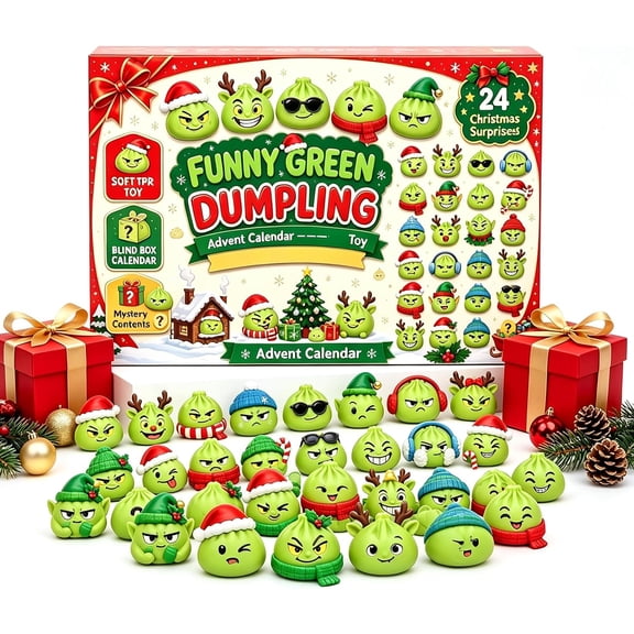 Funny Green Monster Dumpling Advent Calendar 24 Day Christmas Countdown Blind Box Soft Squishy Fidget Toy Cute Holiday Character Surprise Toy Kids Christmas Stocking Stuffer Gift
