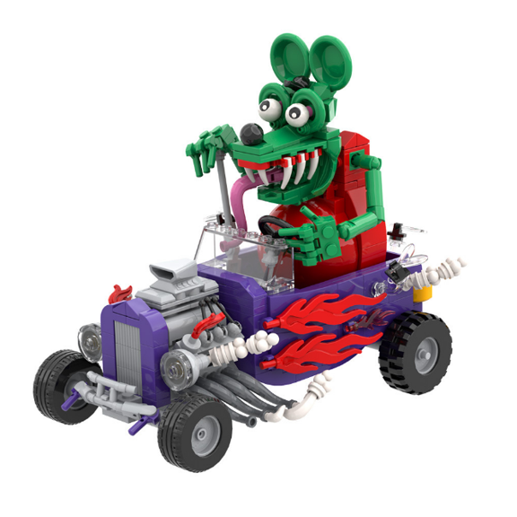 Funny Green Mouse Racer MOC Building Block Set, 380PCS Cartoon Rat Custom Car Brick Model, Flame Decal Hot Rod Vehicle DIY Assembly Toy, Unique Gift for Classic Car & Cartoon Fans