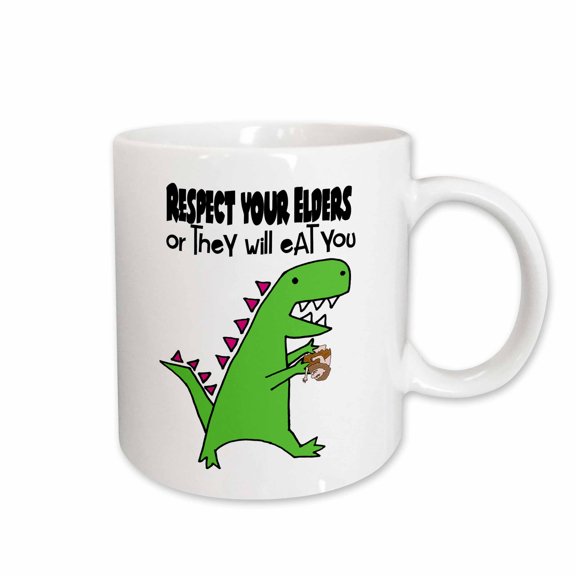 3drose, Funny Green T-rex Dinosaur Respect Your Elders Caveman Satire, 15oz Mug