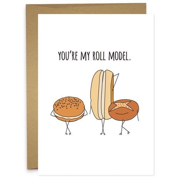 Funny Greeting Card - "You're My Roll Model" with Cute Food Characters - Blank Inside, Envelope Included - Great for Birthdays, Celebrations, and Casual Greetings