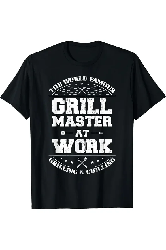 Funny Grill Master At Work BBQ Gift for Men Casual Graphic T-Shirt