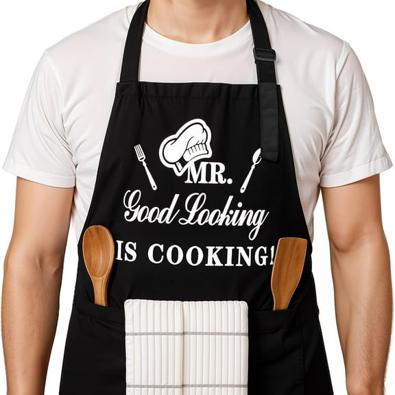 Funny Grilling Aprons for Men, Black Grilling Cooking Barbecue Apron for Men Funny, Adjustable Grill Apron with Pockets for Dad Husband Kitchen Cooking Baking BBQ