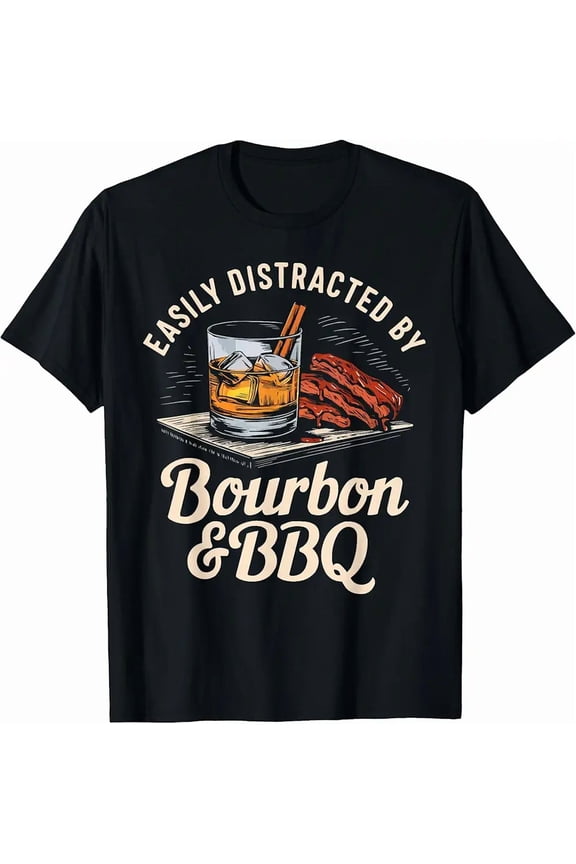 Funny Grilling BBQ Ribs and Whiskey Enthusiast Men Short Sleeve Novelty T-Shirt