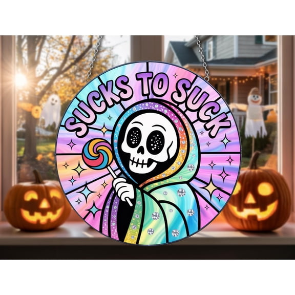 Funny Grim Reaper Suncatcher â€“ Rainbow Pastel Spooky Decor with Cute Skeleton and Lollipop, Humorous Halloween Window Hanging