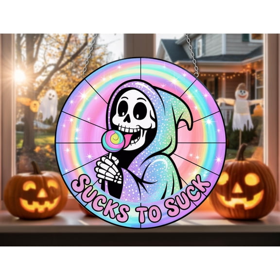 Funny Grim Reaper Suncatcher â€“ Rainbow Pastel Spooky Decor with Cute Skeleton and Lollipop, Humorous Halloween Window Hanging