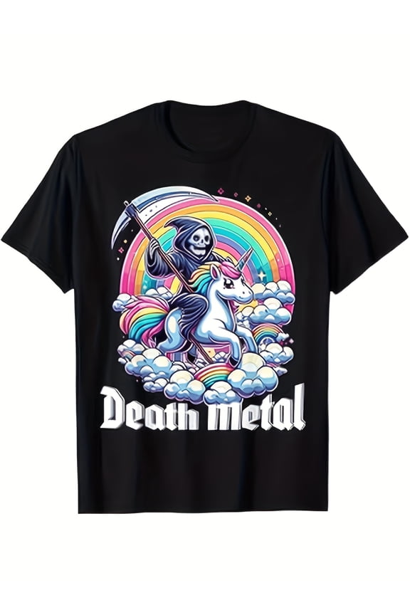 Funny Grim Reaper Unicorn Death Metal Graphic Vintage Grunge Y2k Cotton Men's Women's T-Shirt