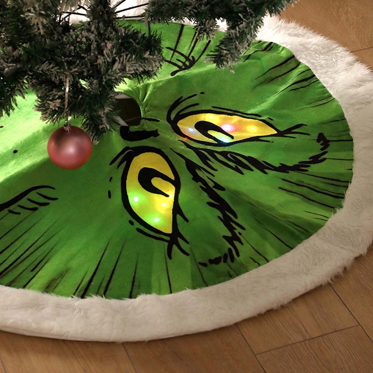 Funny Grinch Christmas Tree Skirt with LED Light, Xmas Tree Skirt New Years Party Decoration