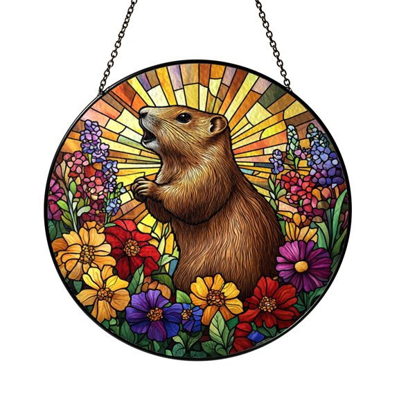 Funny Groundhog Scream Glass Suncatcher Window Hanging Decor, Wildflower Meme Scene, Humorous Nature Home Accent