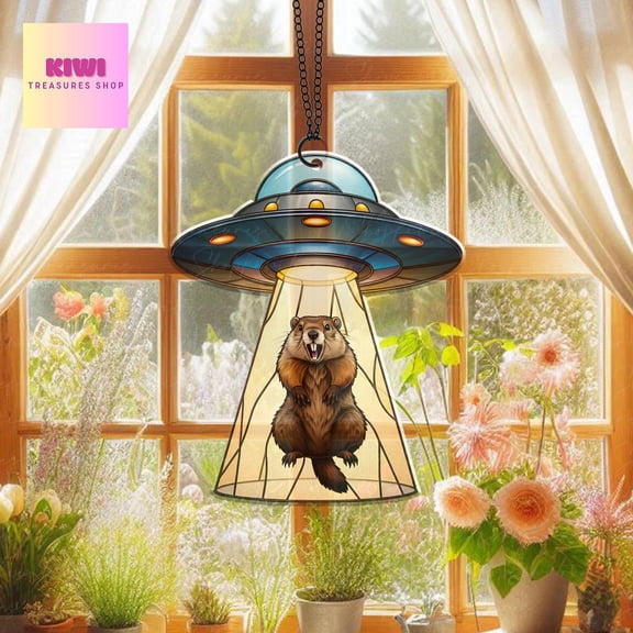 Funny Groundhog UFO Abduction Acrylic Suncatcher Window Hanging Home Decor Meme Lover Gift