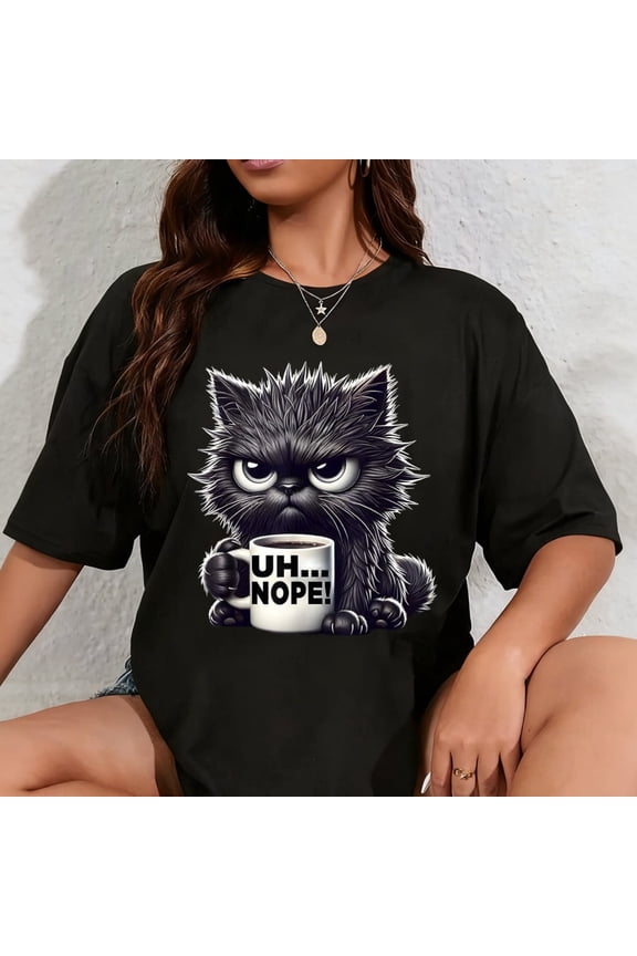 Funny Grumpy Black Cat Coffee Mug Uh Nope Sarcastic Graphic T-Shirt Retro Unisex Short Sleeve Tee