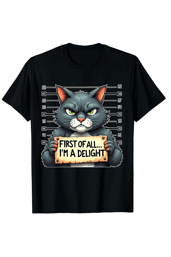 Funny Grumpy Cat Mugshot T-Shirt - First Of All I'm A Delight Sarcastic Graphic Tee for Men and Women - Retro Humor Animal Lover Apparel