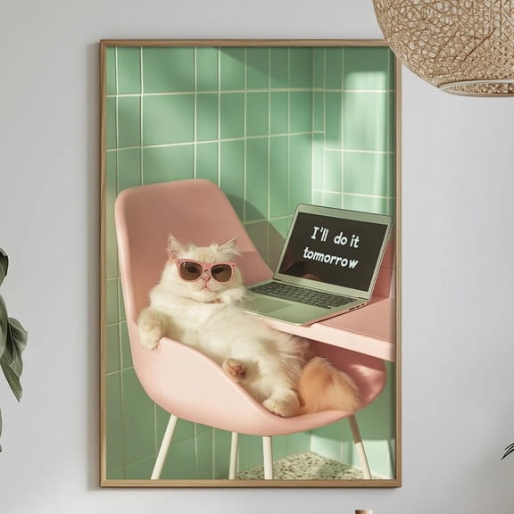 Funny Grumpy Cat Office Wall Art Print, Procrastination Cat Poster, Retro Pastel Work From Home Humor, Lazy Cat Desk Decor , Poster Print Only
