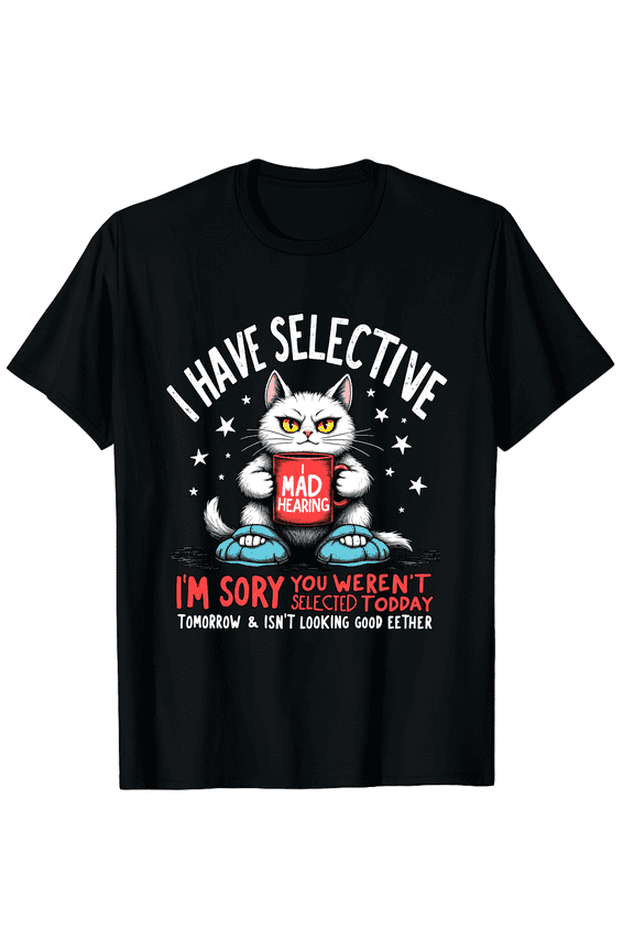 Funny Grumpy Cat Selective Hearing Sarcastic Graphic T-Shirt Retro Humor Unisex Adult Tee
