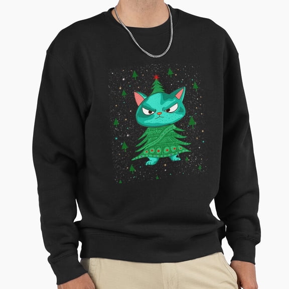 Funny Grumpy Christmas Cat Tree Graphic Unisex Sweatshirt Retro Vintage Humor Art G21741, Up to Size 5XL