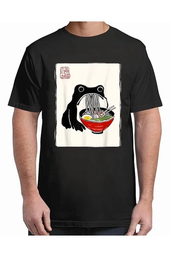 Funny Grumpy Frog Ramen Sumi-E Kawaii Ink Painting Japanese T-Shirt, Unisex T-Shirt