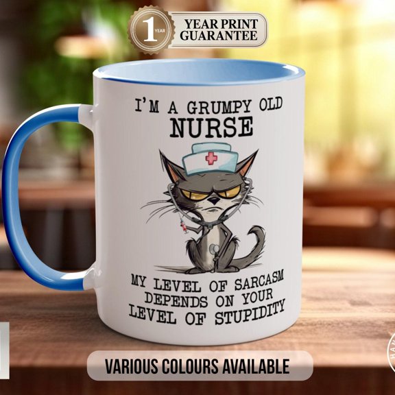 Funny Grumpy Nurse Mug: Sarcastic Cat Design, Colour Options