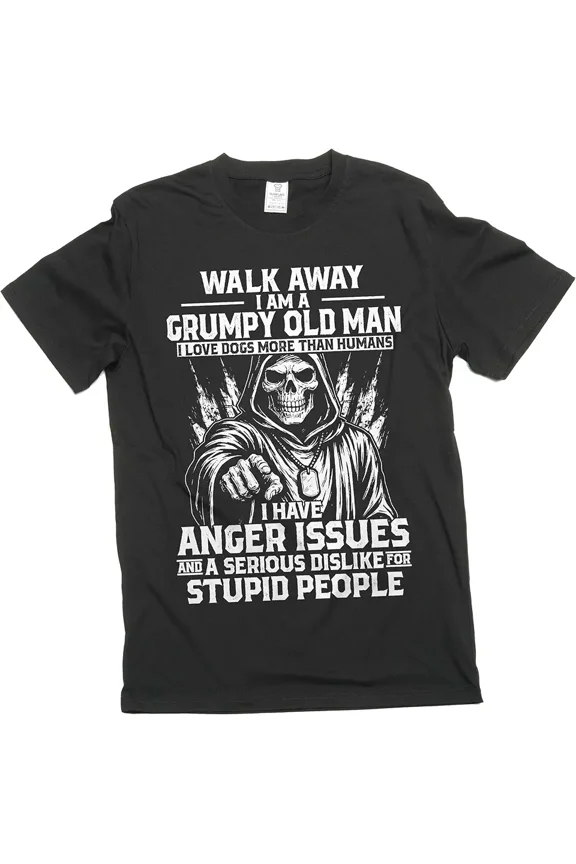 Funny Grumpy Old Man Skeleton Graphic T-Shirt - Sarcastic Dog Lover Men's Tee - Retro Grim Reaper Anger Issues Apparel