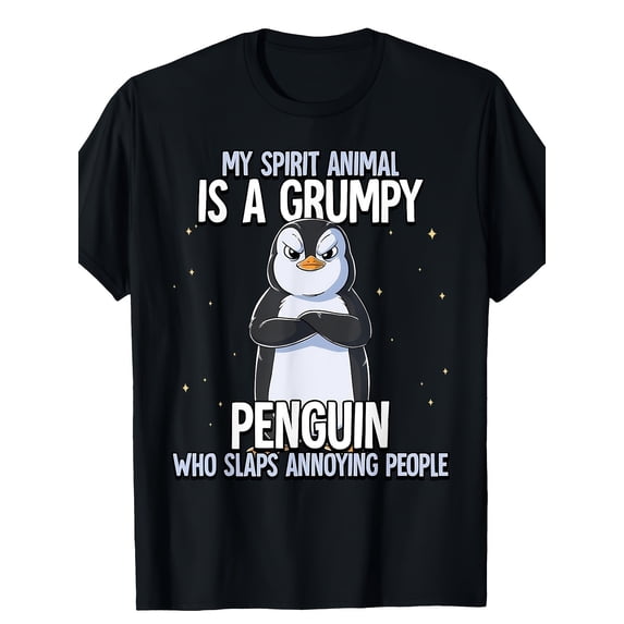 Funny Grumpy Penguin Spirit Animal Graphic T-Shirt Sarcastic Humor Men Women Retro Style Short Sleeve Tee