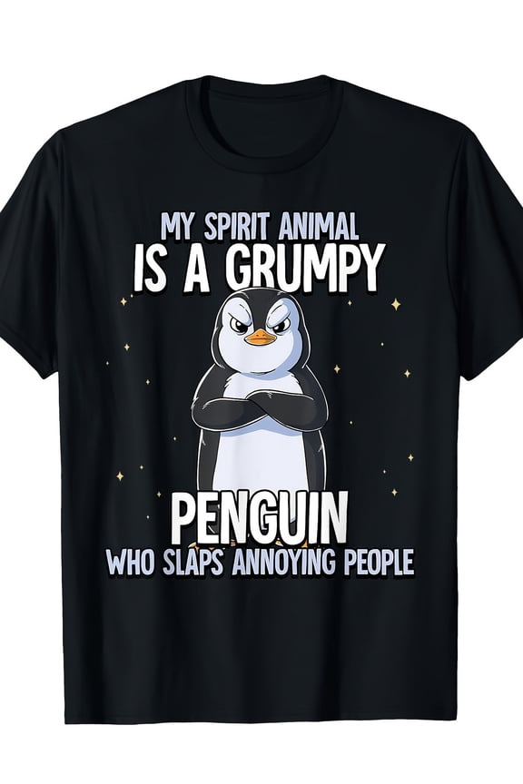 Funny Grumpy Penguin Spirit Animal Graphic T-Shirt Sarcastic Humor Men Women Retro Style Short Sleeve Tee