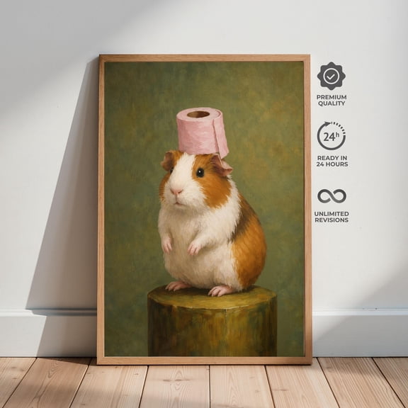 Funny Guinea Pig Wall Art, Humorous Bathroom Animal Poster, Quirky Toilet Paper Hat Print, Cute Meme Decor, Vintage Style Artwork , Poster Print Only