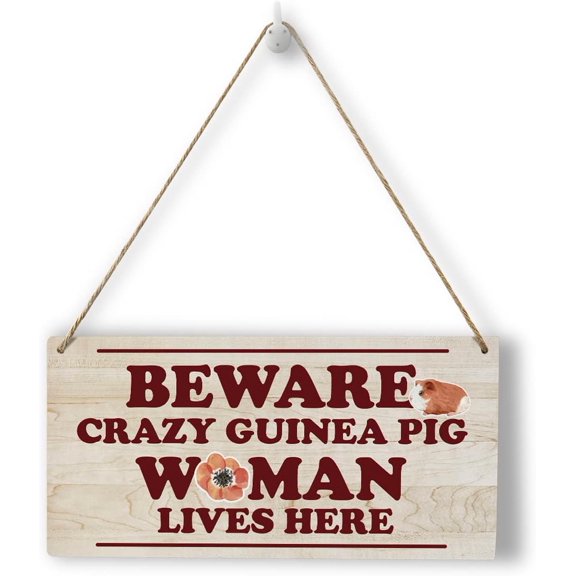 Funny Guinea Pig Wood Wall Art Home Farmhouse Wall Hanging Decor Guinea Pig Lovers Gift Pet Alert Sign Rustic Wooden Decorative Plaque Sign, Beware Crazy Guinea Pig Woman Lives Here,10x5 Inch
