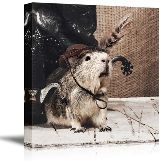 Funny Guinea Pig with a Cowboy Hat on Old Wooden Desk Cute Pet Animal Photograph - Canvas Art Wall Art - 12" x 12"