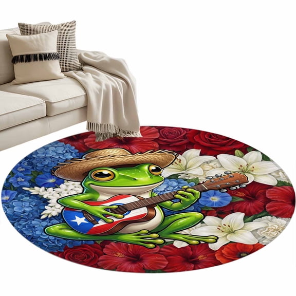Funny Guitar Frog Round Rug 3ft Washable Circle Entryway Rugs Non Slip Red Blue White Floral Puerto Rico Flag Area Rug Indoor Floor Carpet for Bedroom Kitchen Living Room Office Dining Room Nursery