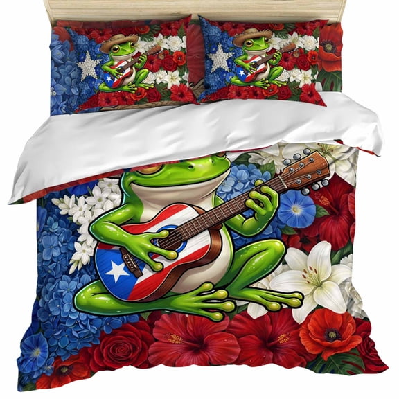 Funny Guitar Frog Set of 4 Bedding Quilt Covers, Red Blue White Floral Puerto Rico Flag 4-Piece Bed Sheet Set with Extra Soft Bed Sheets Quilt Cover Pillowcase, Queen
