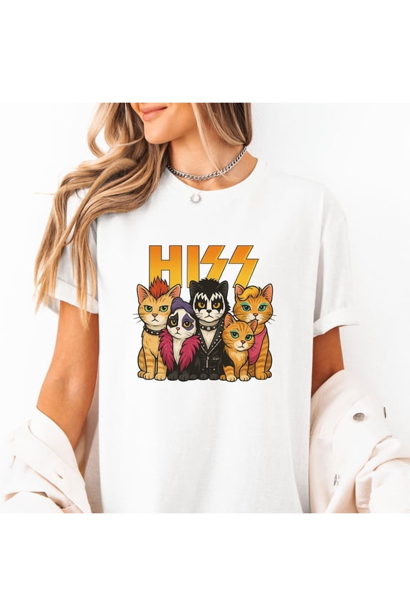 Funny HISS Cat Band Shirt Parody Rock Music Kitty Graphic Heavy Metal Cats in Costume Feline Rocker Concert Humor Tee for Fans