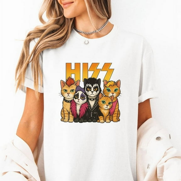 Funny HISS Cat Band Shirt Parody Rock Music Kitty Graphic Heavy Metal Cats in Costume Feline Rocker Concert Humor Tee for Fans