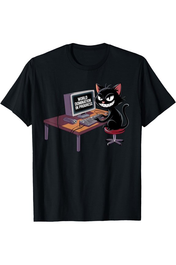 Funny Hacker Black Cat World Domination Computer Geek T-Shirt, Unisex T-Shirt