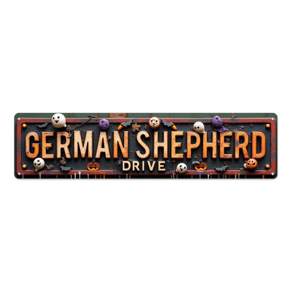 Funny Halloween 16*4 in rusty metal road art tin signs"German Shepherd Drive with ghosts and pumpkins" indie room decor wall plaques mens wall decor backyard spooky theme