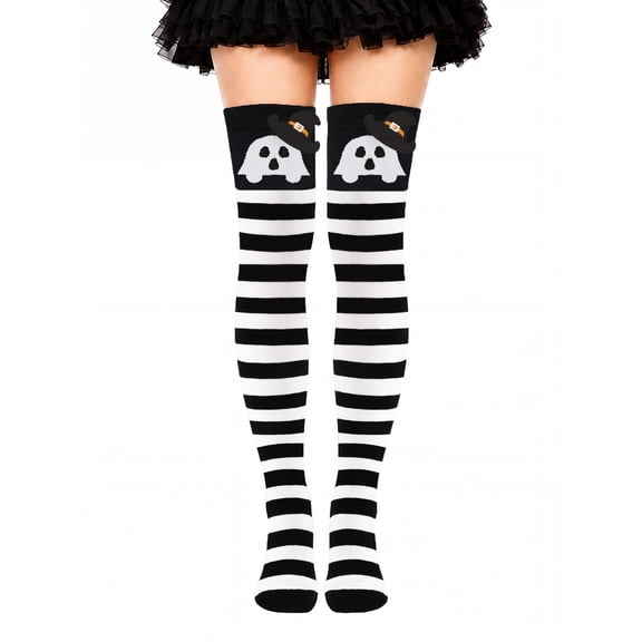 Funny Halloween 3D Ghost Knee High Socks for Women Teen Girls, Witch Socks Novelty Crazy Black and White Striped Long Socks for Adult, Fun Spooky Halloween Stockings Gifts for Boo Basket Witch Costum