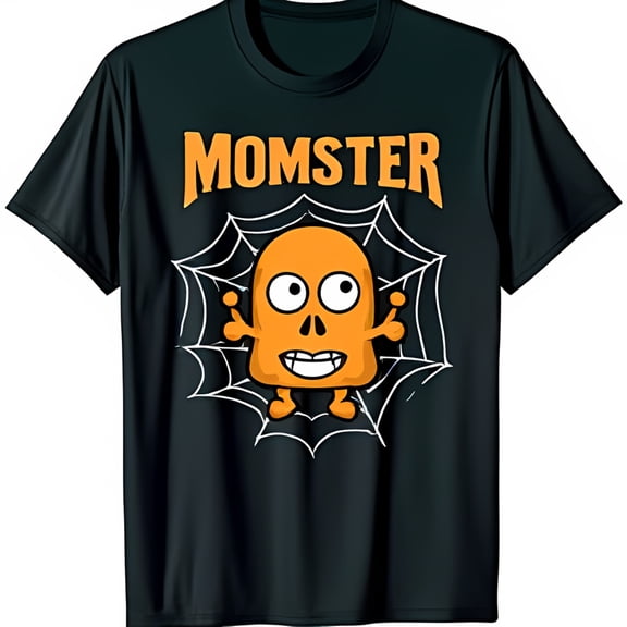 Funny Halloween Black T-Shirt with Cartoon 'MOMSTER' in Spiderweb Design