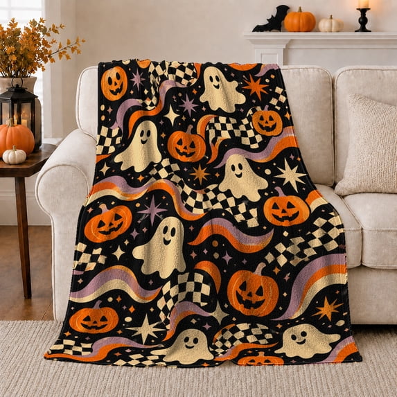 Funny Halloween Cartoon Ghost Pumpkin Pattern Retro Fun, Festive Halloween Scene, Warm Flannel Blanket for Living Room and Family Room, Art Lovers Halloween Gift, Festive Home Decor