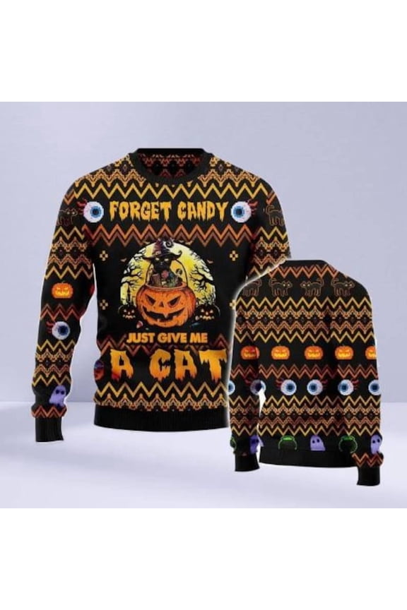 Funny Halloween Cat 3D Sweater – Forget Candy Just Give Me a Cat Pumpkin Witch Spooky Knit Pullover, Cute Party Outfit