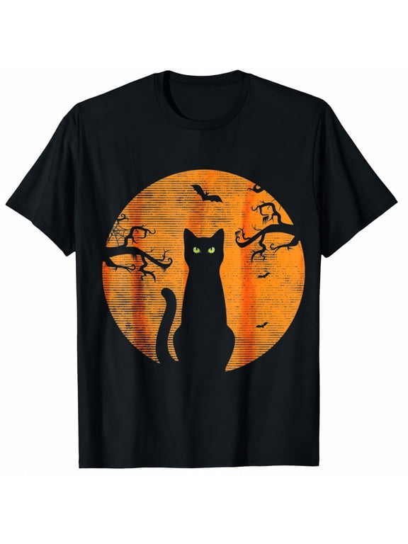 Funny Halloween Cat Costume Retro Moon Black Mens T-Shirt